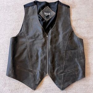 VINTAGE Punchline Vest Men Medium Black Leather Waist Coat Biker Grunge Zip Up